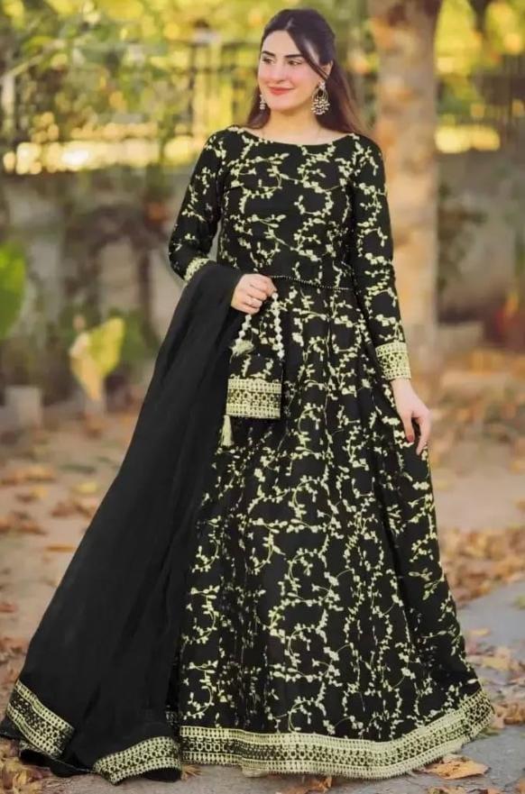 Stunning Women's Stitched Dupatta Set - 4 Pcs Embroidered Shamoz Silk Maxi Suit (Black)
