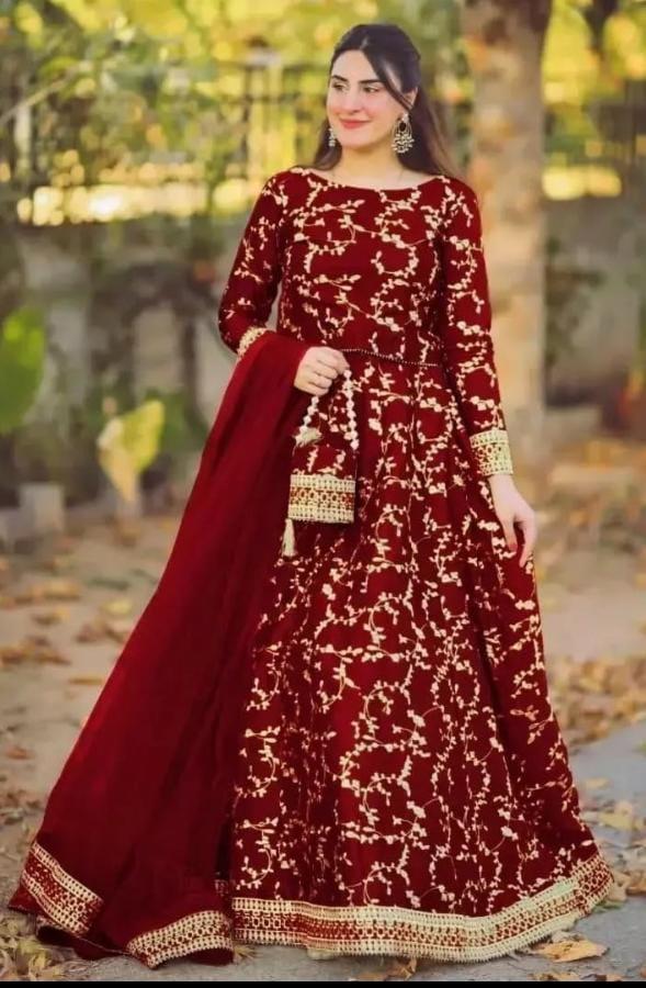Stunning Women's Stitched Dupatta Set - 4 Pcs Embroidered Shamoz Silk Maxi Suit (Maroon)