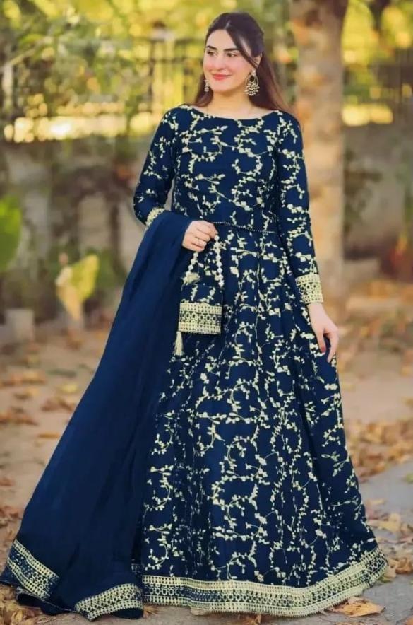 Stunning Women's Stitched Dupatta Set - 4 Pcs Embroidered Shamoz Silk Maxi Suit (Blue)