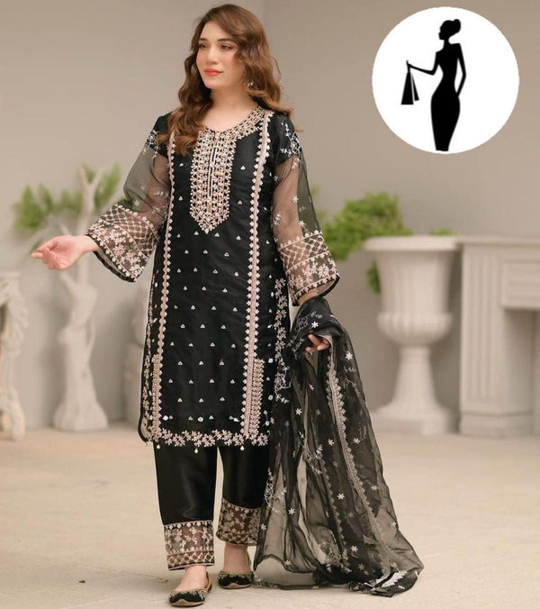 3 Pcs Women's Stitched Embroidered Suit (Black)