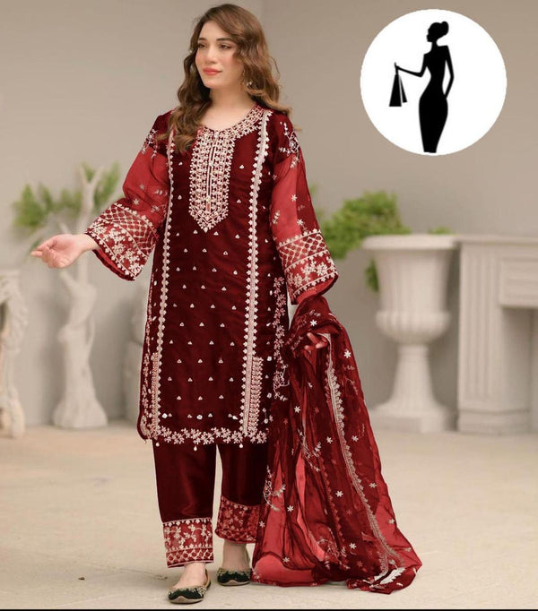 3 Pcs Women's Stitched Embroidered Suit (Maroon)