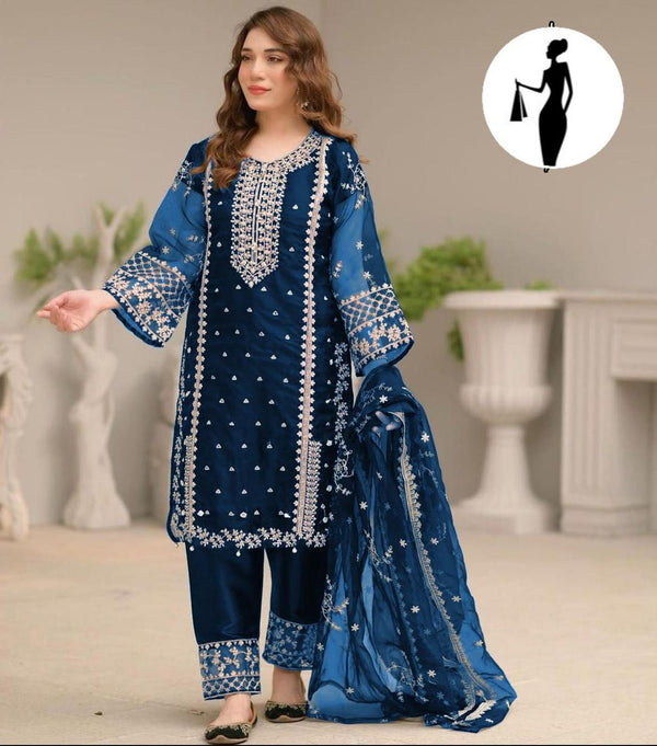 3 Pcs Women's Stitched Embroidered Suit (Blue)